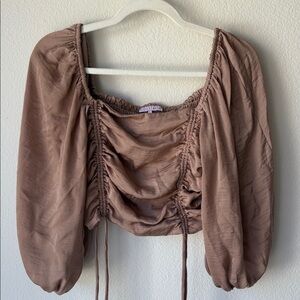 Light brown cropped top Blouse with Ruched Puff Sleeves 3/4 length sleeves
